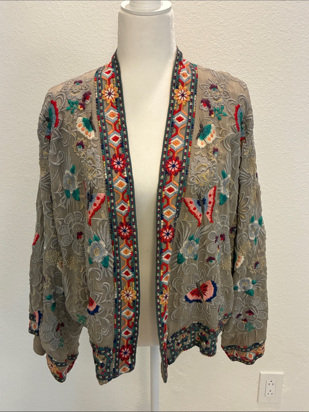 Johnny Was Taupe Embroidered Bomber Jacket With Multicolor Trim